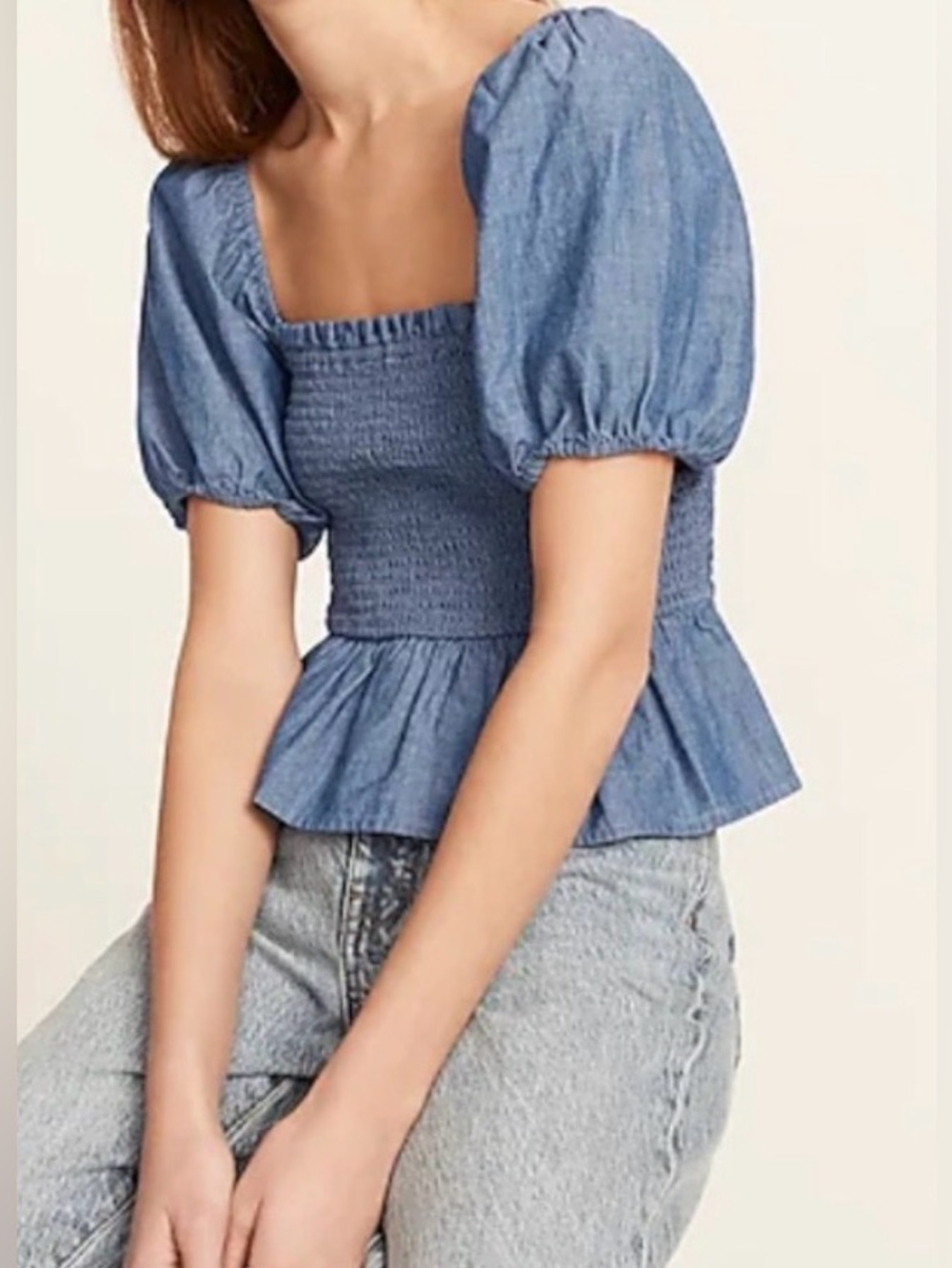 NWT Smocked Square-Neck Puff Sleeve Top in Denim Blue